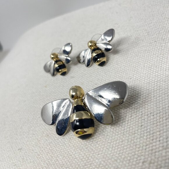Bumblebee Brooch and Earrings Set Bee Insect Silver-Tone Mixed Metals Novelty - Picture 3 of 8